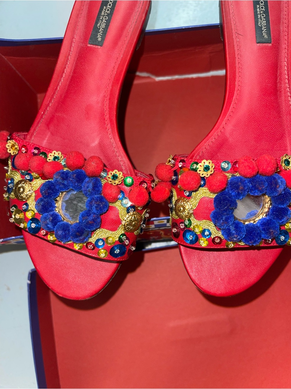 Statement Piece Dolce & Gabbana Red Embellished Pom-Pom Slide Mules - Picture 7 of 10